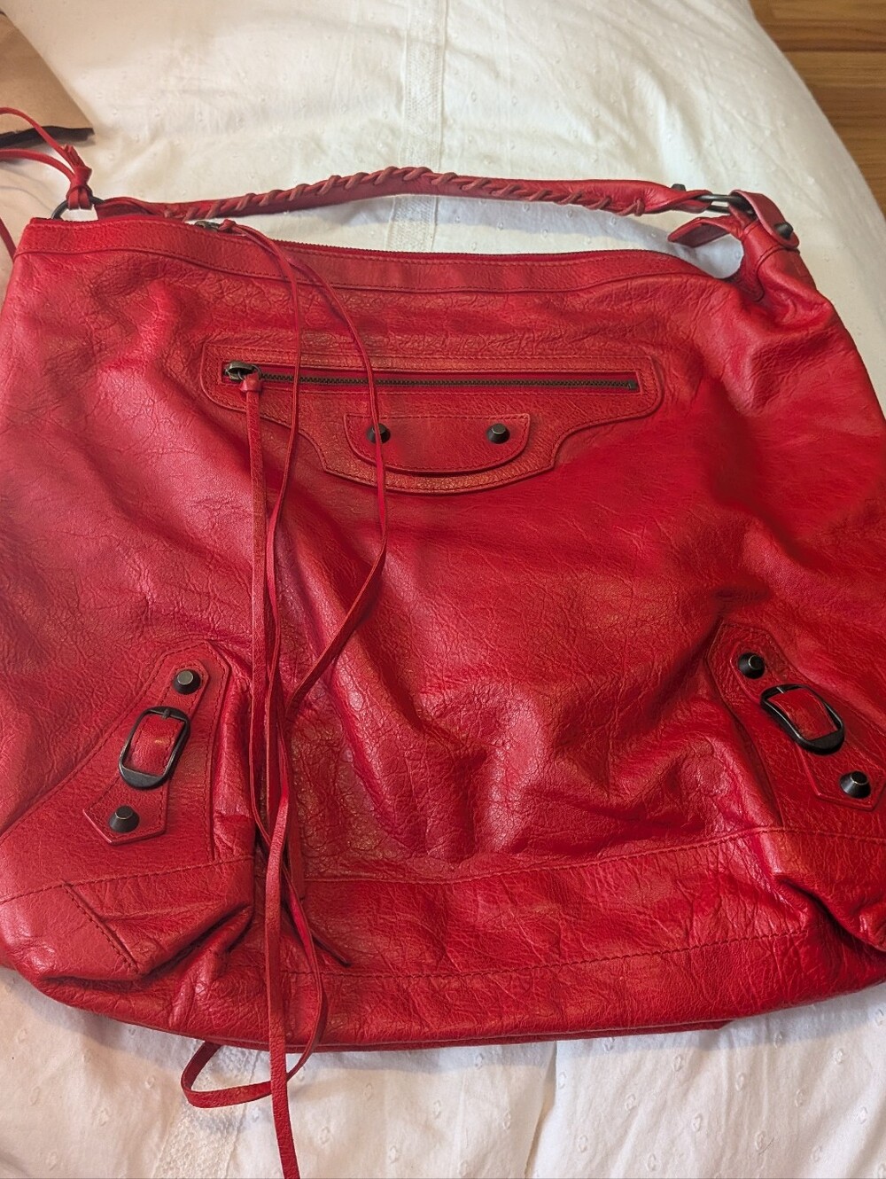 Red Balenciaga Day Hobo Motorcycle City Bag